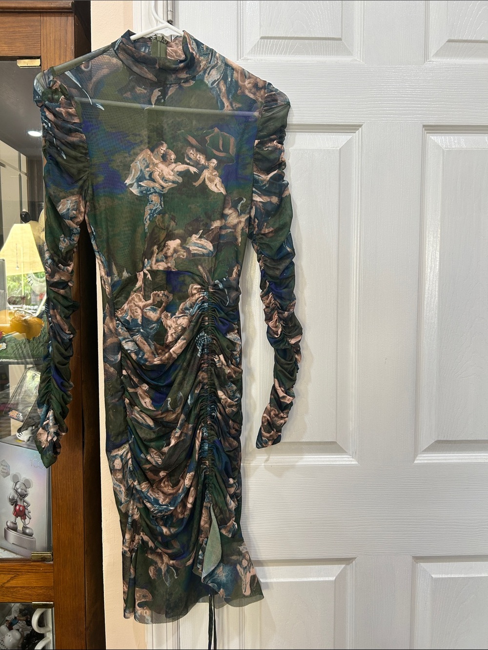 Fashion Nova Olive Mesh Ruched Long-Sleeve Midi Dress with Beige & Navy Print